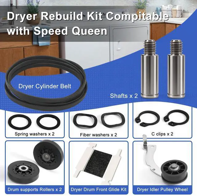 Alt view image 2 of 7 - Upgraded Dryer Rebuild Kit Compatible with Speed Queen 1992 & Newer SM, Include RB170002 Dryer Roller Kit & D516792 Dryer ldler Pulley & D511255P Dryer Cylinder Belt & RB170003 Dryer Drum Glide Kit