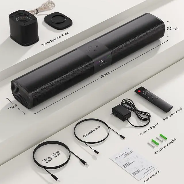 Alt view image 6 of 6 - Sound Bar for Smart TV, 2 in 1 Detachable Home Audio Soundbar Speaker,20 Sound Bar for TV with Optical/AUX/HDMI-ARC/Bluetooth Connection for PC/Gaming/Projectors, Wall Mountable