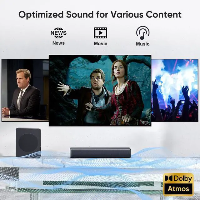 Alt view image 6 of 7 - Sound bar with subwoofer, 200W 2.1 ch soundbar w/Dolby Atmos Surround Sound System, 3D Bass Adjustable Home Theater Bluetooth TV Speaker for Smart TV/Projector/PC