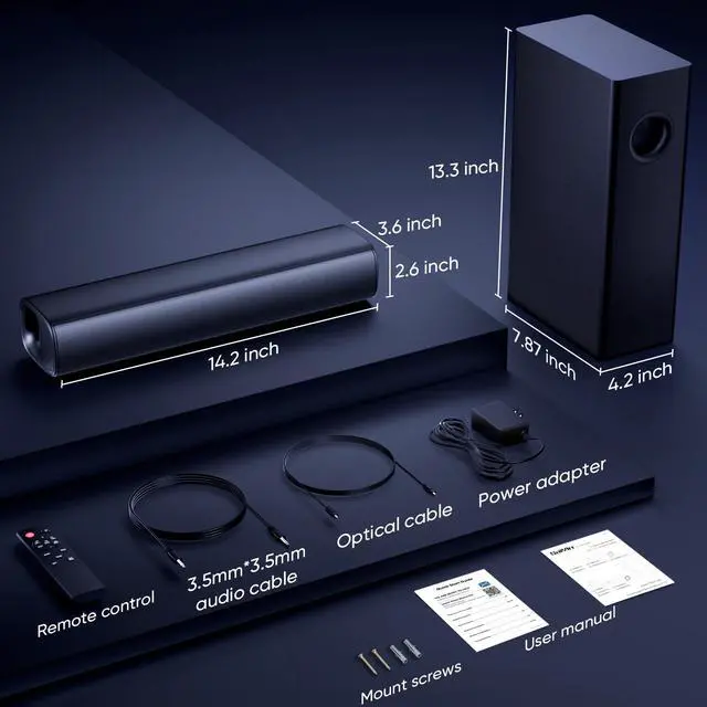 Alt view image 3 of 6 - Soundbar with 4'' Subwoofers - 70W Rounded-Edge Subwoofer & Compact Soundbar for TV, 2.1 Audio Enhanced Surround Sound System for TV, Bluetooth/Optical/AUX Connection for TV/PC