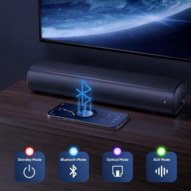 Alt view image 4 of 6 - Soundbar with 4'' Subwoofers - 70W Rounded-Edge Subwoofer & Compact Soundbar for TV, 2.1 Audio Enhanced Surround Sound System for TV, Bluetooth/Optical/AUX Connection for TV/PC