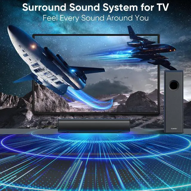 Alt view image 5 of 6 - Soundbar with 4'' Subwoofers - 70W Rounded-Edge Subwoofer & Compact Soundbar for TV, 2.1 Audio Enhanced Surround Sound System for TV, Bluetooth/Optical/AUX Connection for TV/PC