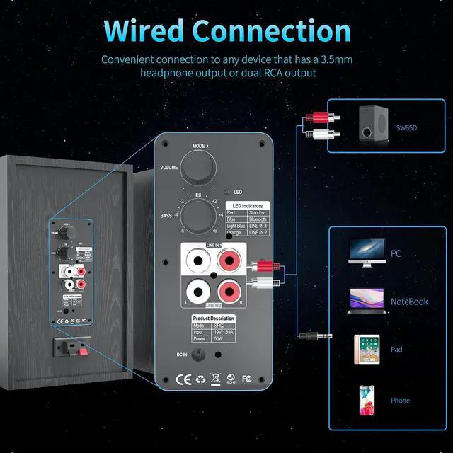 Alt view image 4 of 7 - 4 Inch Powered Bookshelf Speakers with Deep Bass, Bluetooth 5.0 Studio Monitor Speakers, 2.0 Neared Field Audio Speakers with 2 RCA Line Input, Set of 2 Black-New Model