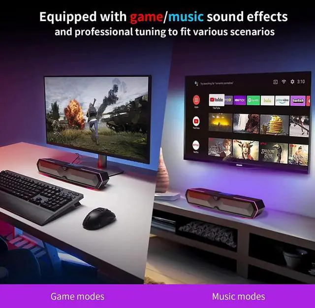 Alt view image 2 of 7 - MG300 Computer Sound Bar: Loud Speakers with Deep Bass - Switch RGB Built-in Microphone for Gaming Speakers Wireless Bluetooth 5.3 & USB Adapter PC Sound Bar for Desktop