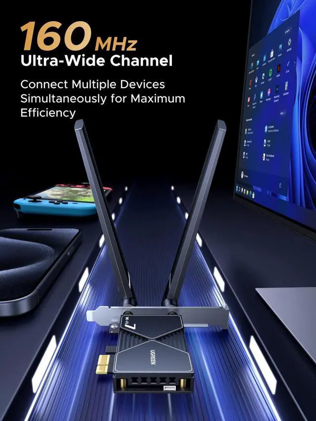 Alt view image 4 of 7 - WiFi 7 BE6500 PCIe WiFi Card, Bluetooth 5.4, IEEE 802.11ax/be, 6G 2882Mbps/5G 2882Mbps/2.4G 688Mbps Tri Band, MLO Technology, Flexible Dual 6dBi High Gain Antenna, WPA3, Support Windows 11 Only
