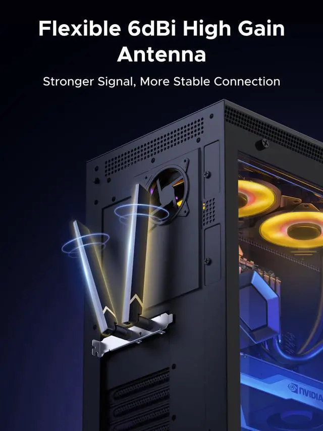 Alt view image 6 of 7 - WiFi 7 BE6500 PCIe WiFi Card, Bluetooth 5.4, IEEE 802.11ax/be, 6G 2882Mbps/5G 2882Mbps/2.4G 688Mbps Tri Band, MLO Technology, Flexible Dual 6dBi High Gain Antenna, WPA3, Support Windows 11 Only