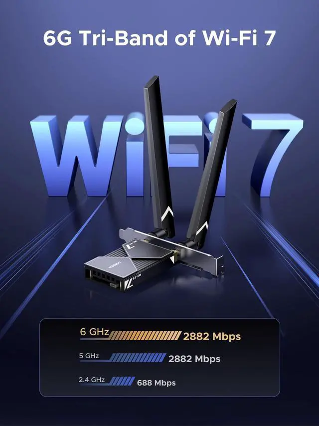 Alt view image 2 of 7 - WiFi 7 BE6500 PCIe WiFi Card, Bluetooth 5.4, IEEE 802.11ax/be, 6G 2882Mbps/5G 2882Mbps/2.4G 688Mbps Tri Band, MLO Technology, Flexible Dual 6dBi High Gain Antenna, WPA3, Support Windows 11 Only