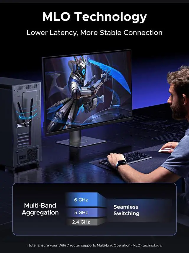 Alt view image 3 of 7 - WiFi 7 BE6500 PCIe WiFi Card, Bluetooth 5.4, IEEE 802.11ax/be, 6G 2882Mbps/5G 2882Mbps/2.4G 688Mbps Tri Band, MLO Technology, Flexible Dual 6dBi High Gain Antenna, WPA3, Support Windows 11 Only
