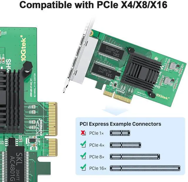Alt view image 2 of 4 - 1000Mbps Gigabit Ethernet Converged Network Adapter (NIC) with Intel I350 Chip | Ethernet PCI Express NIC Network Card | Quad Copper RJ45 Ports | PCI Express 2.1 X4 | Compare to Intel I350-T4