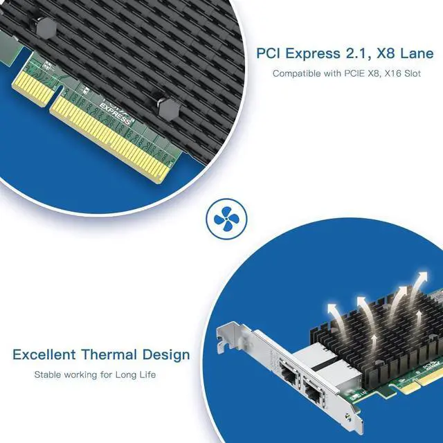 Alt view image 6 of 7 - 10Gb PCI-E Network Card NIC, Dual RJ45 Copper Ports, Compare to Intel X540-T2, with Intel X540-BT2 Chip, PCIe X8, 10Gbase-T Ethernet LAN Adapter Support Windows Server/Windows/Linux/VMware ESX