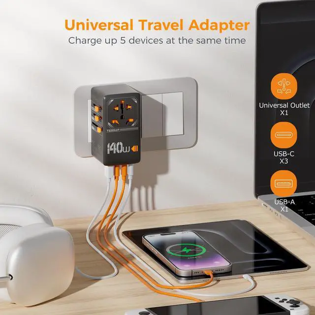 Alt view image 4 of 6 - Universal Travel Adapter, 140W GaN International Plug Adaptor with 3 USB C and 1 USB A Charging Ports, Worldwide Power Outlet for US to Europe UK AUS Ireland(Type C/G/A/I), Black