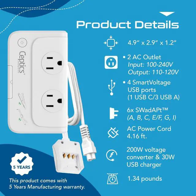 Alt view image 5 of 7 - Travel Voltage Converter -200W Convert 220V to 110V for Curling Iron, Straightener, Charger Step Down World Power Plug - 4 USB PD 18W Fast Charging - SWadApt - Type A, B, C, E/F, G, I Include