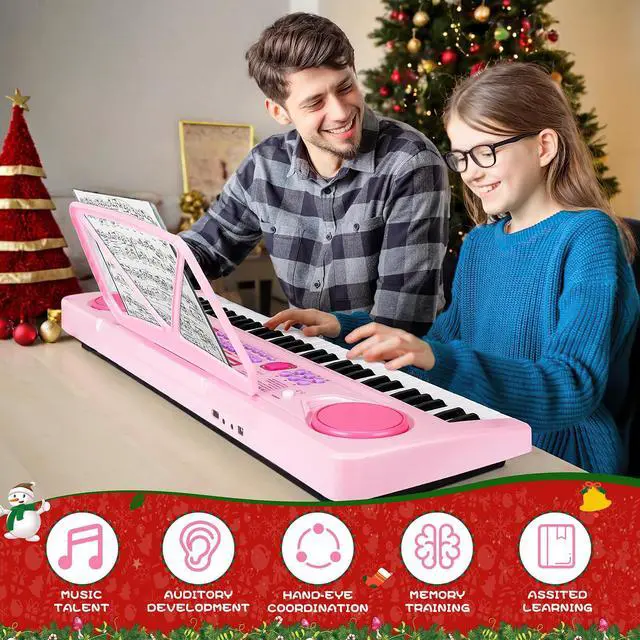 Alt view image 3 of 7 - Kids Keyboard Piano, Portable 61 Keys Keyboard Electronic Digital Piano, Early Learning Educational Musical Piano Toy Keyboard for Beginners with Music Stand, Microphone (Pink)