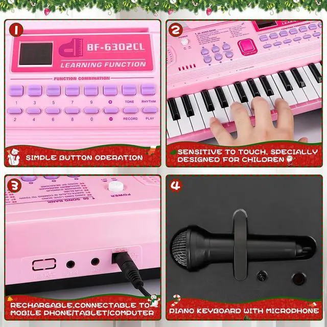 Alt view image 4 of 7 - Kids Keyboard Piano, Portable 61 Keys Keyboard Electronic Digital Piano, Early Learning Educational Musical Piano Toy Keyboard for Beginners with Music Stand, Microphone (Pink)