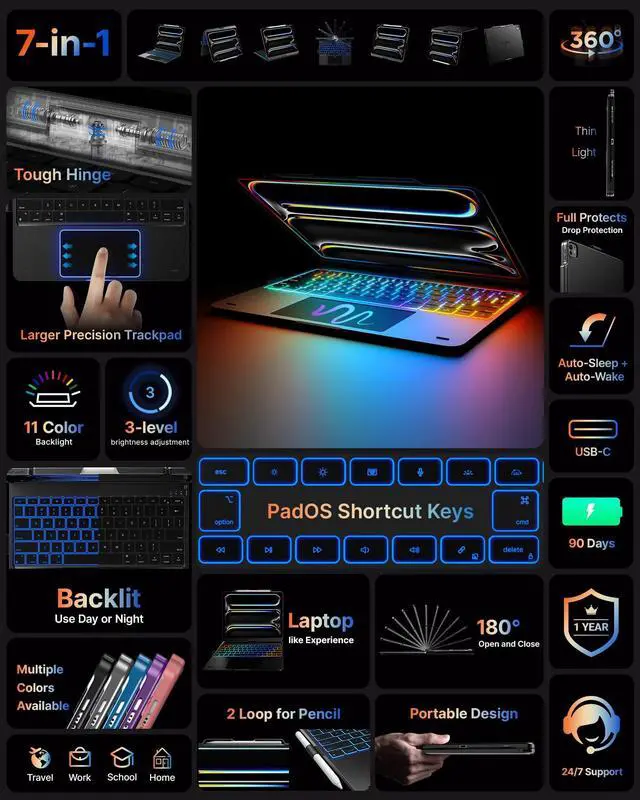 Alt view image 3 of 7 - Touch Case with Keyboard for iPad Pro 13-inch(M5/M4, 2025/2024), iPad Air 13-inch(M3/M2, 2025/2024) & iPad Pro 12.9-inch, Trackpad, 360° Rotatable, 11-Colors Backlit, Space Black