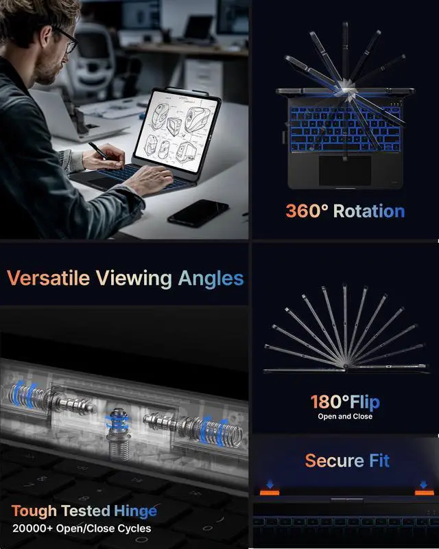 Alt view image 6 of 7 - Touch Case with Keyboard for iPad Pro 13-inch(M5/M4, 2025/2024), iPad Air 13-inch(M3/M2, 2025/2024) & iPad Pro 12.9-inch, Trackpad, 360° Rotatable, 11-Colors Backlit, Space Black