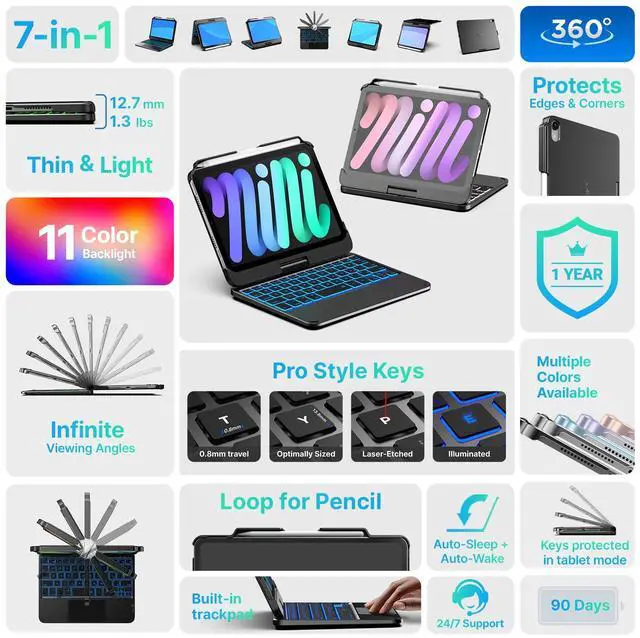 Alt view image 3 of 7 - Keyboard Case for iPad mini 7 (2024) & Mini 6 (2021) - Wireless Case with Keyboard for iPad mini 7th 6th Generation 8.3" - 10 Colors Backlit Keyboard Cover with Trackpad - Black