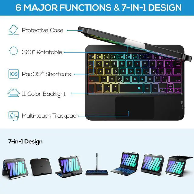 Alt view image 4 of 7 - Keyboard Case for iPad mini 7 (2024) & Mini 6 (2021) - Wireless Case with Keyboard for iPad mini 7th 6th Generation 8.3" - 10 Colors Backlit Keyboard Cover with Trackpad - Black
