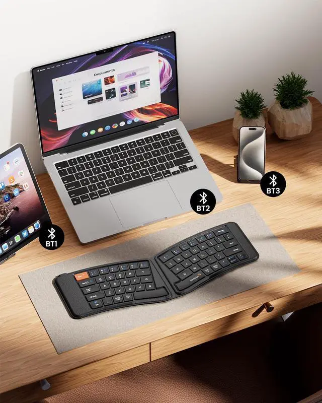 Alt view image 4 of 7 - Ergonomic Foldable Keyboard, XK03 Split Folding Travel Bluetooth Keyboard, Ultra Slim, Portable for iPad, iPhone, Tablet, Laptop, PC
