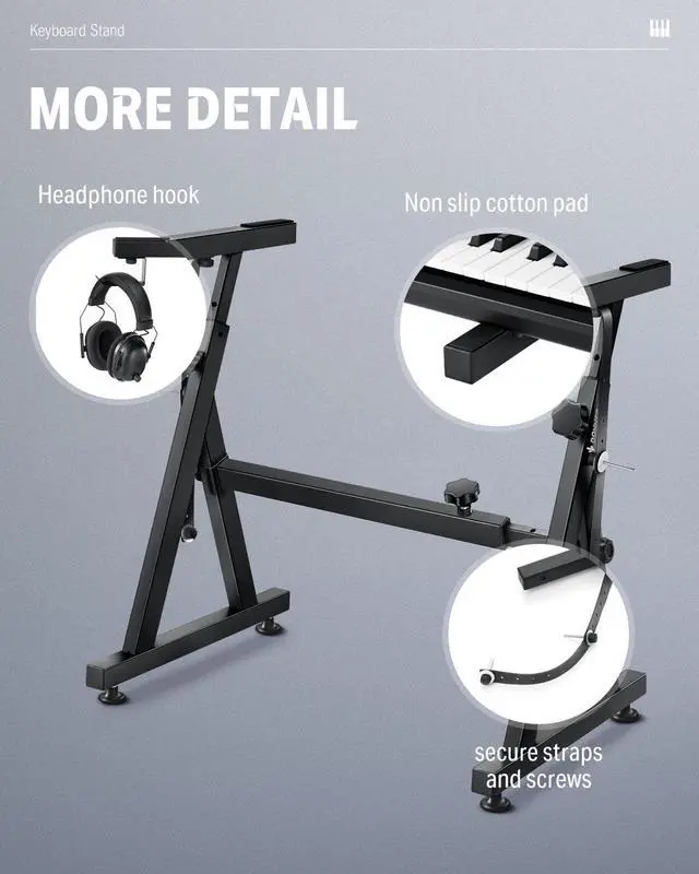 Alt view image 6 of 7 - Keyboard Stand, Z-style Heavy-Duty Piano Stand, Adjustable and Portable Piano Keyboard Stand, Suitable for 54, 61 and 88 Keys Electric Keyboards Digital Pianos