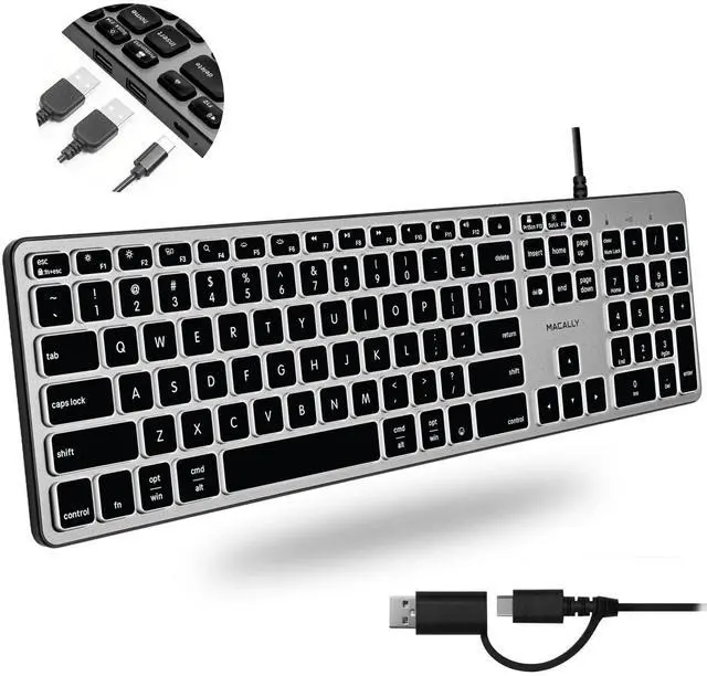 Main image of Wired Keyboard for Mac with USB Hub (2X USB-A / 1x USB-C) - Compatible Backlit Apple Keyboard with Dual Interface - Auto OS Detection for Mac, MacBook Pro/Air, iMac, PC, Android, iPad, iOS