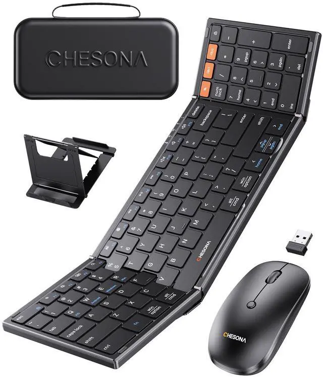 Main image of Foldable Keyboard and Mouse Combo - Ultra Slim 600g with 2.4G+Dual Bluetooth Compact Wireless Folding Keyboard with Stand - Portable for Business/Travel with Case - Win/Mac/iOS/Android - Black