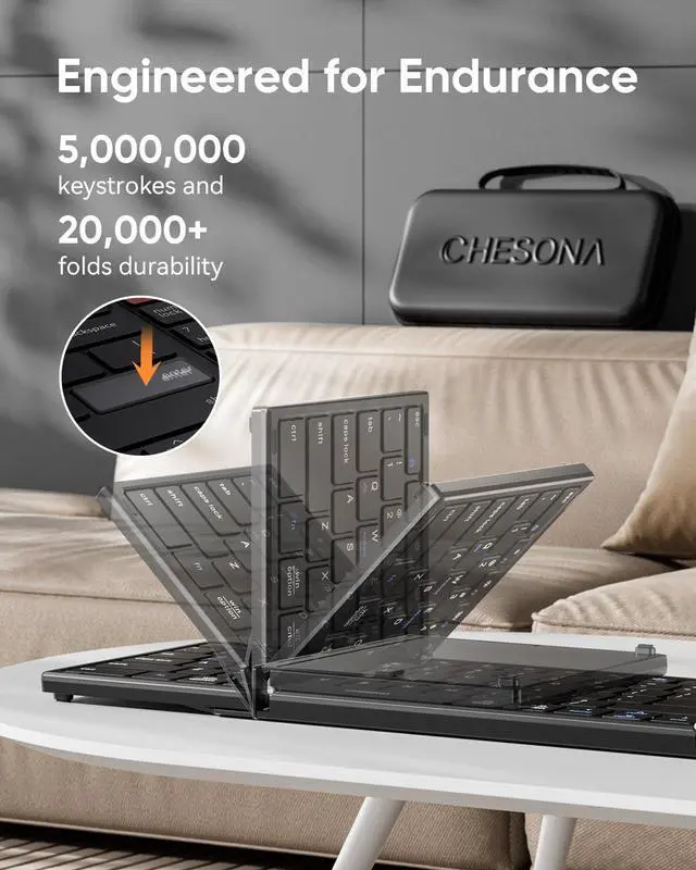 Alt view image 3 of 7 - Foldable Keyboard and Mouse Combo - Ultra Slim 600g with 2.4G+Dual Bluetooth Compact Wireless Folding Keyboard with Stand - Portable for Business/Travel with Case - Win/Mac/iOS/Android - Black