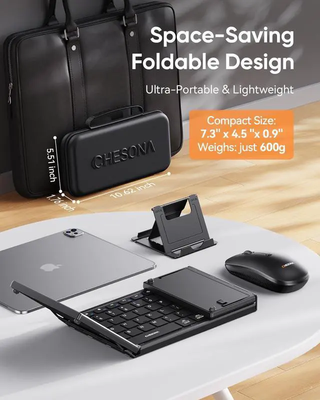 Alt view image 2 of 7 - Foldable Keyboard and Mouse Combo - Ultra Slim 600g with 2.4G+Dual Bluetooth Compact Wireless Folding Keyboard with Stand - Portable for Business/Travel with Case - Win/Mac/iOS/Android - Black