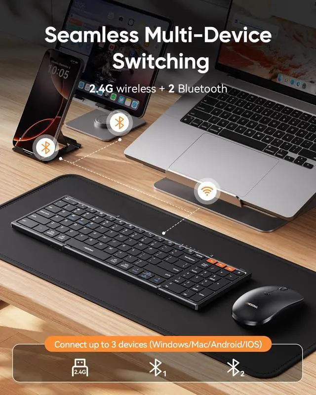 Alt view image 4 of 7 - Foldable Keyboard and Mouse Combo - Ultra Slim 600g with 2.4G+Dual Bluetooth Compact Wireless Folding Keyboard with Stand - Portable for Business/Travel with Case - Win/Mac/iOS/Android - Black