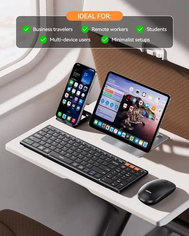 Alt view image 7 of 7 - Foldable Keyboard and Mouse Combo - Ultra Slim 600g with 2.4G+Dual Bluetooth Compact Wireless Folding Keyboard with Stand - Portable for Business/Travel with Case - Win/Mac/iOS/Android - Black