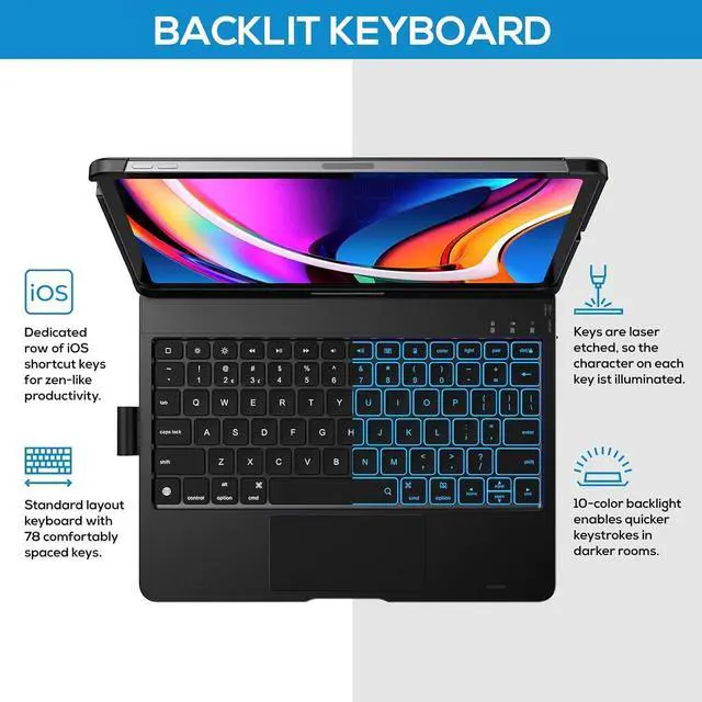 Alt view image 5 of 7 - Touch Keyboard Case with Trackpad for iPad Air 11-inch (M3 2025 / M2 2024) 2024: 360°Rotatable - 11 Colors Backlight - Wireless Keyboard with Pencil Holder for iPad Air 5th & 4th Gen, Black