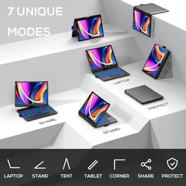 Alt view image 7 of 7 - Touch Keyboard Case with Trackpad for iPad Air 11-inch (M3 2025 / M2 2024) 2024: 360°Rotatable - 11 Colors Backlight - Wireless Keyboard with Pencil Holder for iPad Air 5th & 4th Gen, Black