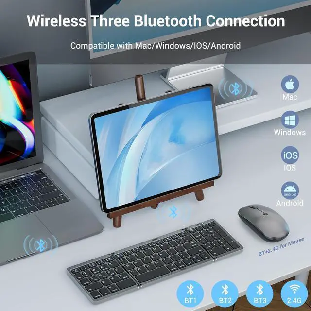 Alt view image 3 of 7 - Foldable Keyboard and Mouse for Laptop, Travel Bluetooth Folding Keyboard Mouse with Portable Case, Rechargeable Keyboard for Business, 2.4G Wireless & Bluetooth, for iPad Tablets Laptop iOS Android
