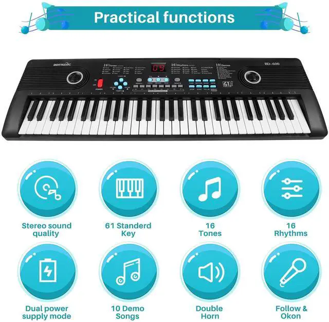 Alt view image 2 of 7 - 61 keys keyboard piano, Electronic Digital Piano with Built-In Speaker Microphone, Portable Keyboard Gift Teaching for Beginners, electric piano for kids