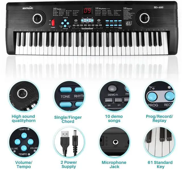 Alt view image 4 of 7 - 61 keys keyboard piano, Electronic Digital Piano with Built-In Speaker Microphone, Portable Keyboard Gift Teaching for Beginners, electric piano for kids