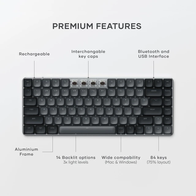 Alt view image 3 of 7 - Satechi SM1 75% Mechanical Keyboard, Backlit Bluetooth, Dark Gray/Gray | 84 Keys, Compact Wireless, Gaming, for Mac and Windows
