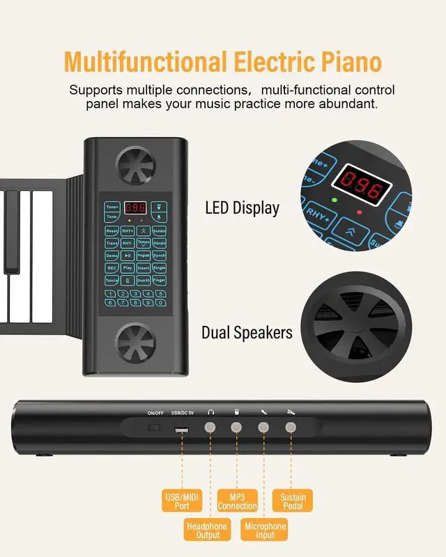 Alt view image 4 of 7 - Roll Up Piano 88 key, Hand Roll Portable Piano for Beginner with Bluetooth/MIDI, 128 Tones and Rhythms, Best Christmas Birthday Gift