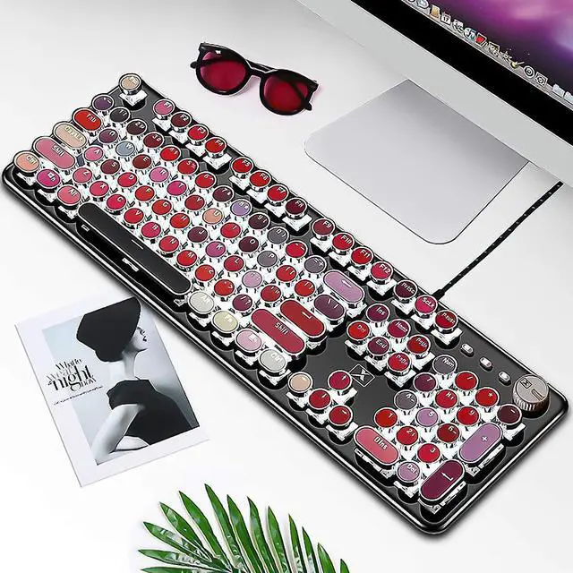 Alt view image 3 of 6 - Typewriter Style with White LED Backlight,Vintage Mechanical Gaming Keyboards with Lipstick Round Keycaps, Blue Switches 104-Keys Wired Keyboard Metal Panel for Laptop/pc