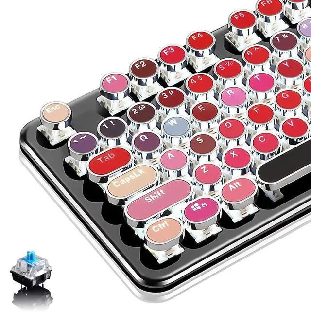 Main image of Typewriter Style with White LED Backlight,Vintage Mechanical Gaming Keyboards with Lipstick Round Keycaps, Blue Switches 104-Keys Wired Keyboard Metal Panel for Laptop/pc