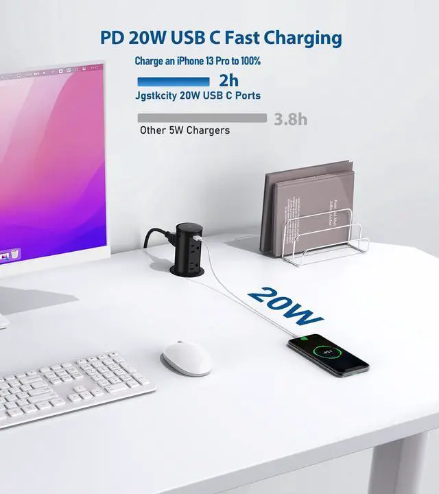 Alt view image 2 of 7 - Pop up Outlet for Countertop,2.5 Inch Hole Desktop Power Grommet,Recessed Power Strip,20W USB C Fast Charging,4 Outlets 4 USB Ports,15Amp Tamper Resistant Receptacle for Home,Kitchen,Office Black