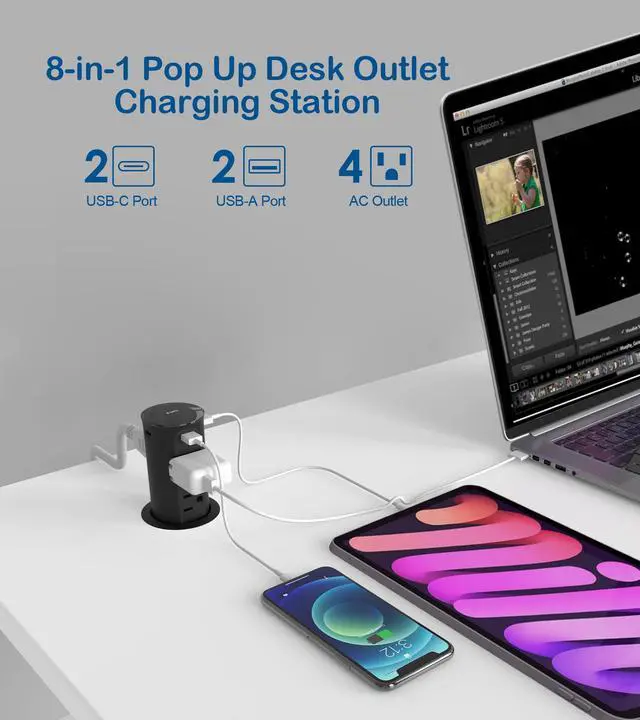 Alt view image 4 of 7 - Pop up Outlet for Countertop,2.5 Inch Hole Desktop Power Grommet,Recessed Power Strip,20W USB C Fast Charging,4 Outlets 4 USB Ports,15Amp Tamper Resistant Receptacle for Home,Kitchen,Office Black