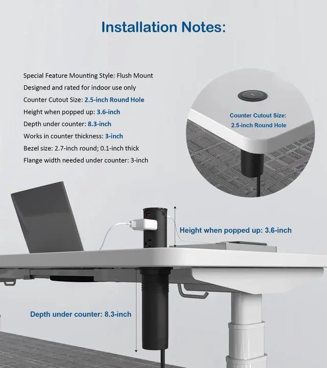Alt view image 6 of 7 - Pop up Outlet for Countertop,2.5 Inch Hole Desktop Power Grommet,Recessed Power Strip,20W USB C Fast Charging,4 Outlets 4 USB Ports,15Amp Tamper Resistant Receptacle for Home,Kitchen,Office Black