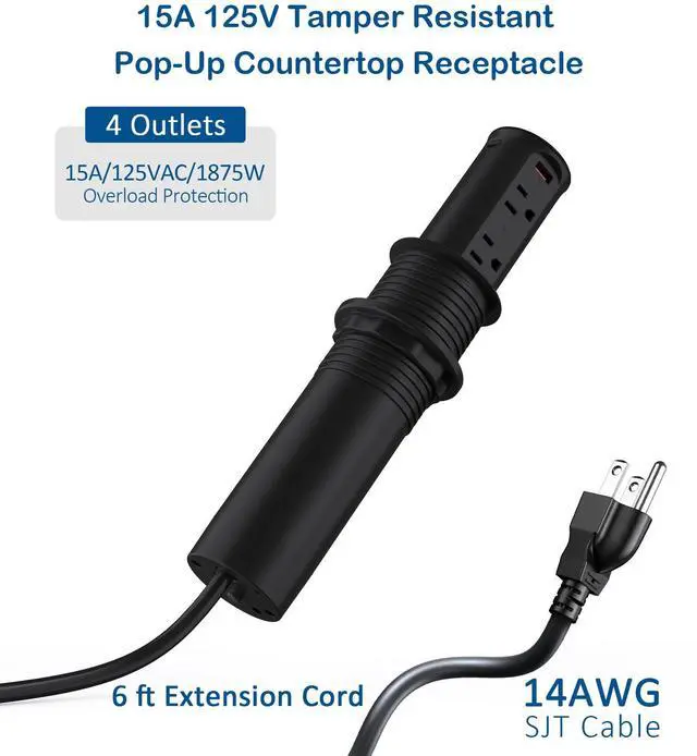 Alt view image 7 of 7 - Pop up Outlet for Countertop,2.5 Inch Hole Desktop Power Grommet,Recessed Power Strip,20W USB C Fast Charging,4 Outlets 4 USB Ports,15Amp Tamper Resistant Receptacle for Home,Kitchen,Office Black