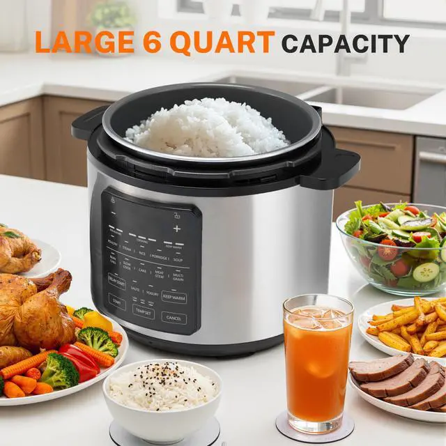 Alt view image 3 of 7 - Electric Pressure Cooker, Non-Stick 12-in-1 & 6QT Stainless Steel Multi Cooker for Slow Cook, Meat Stew, Cake, Porridge, Multigrain, Dishwasher Safe, Silver