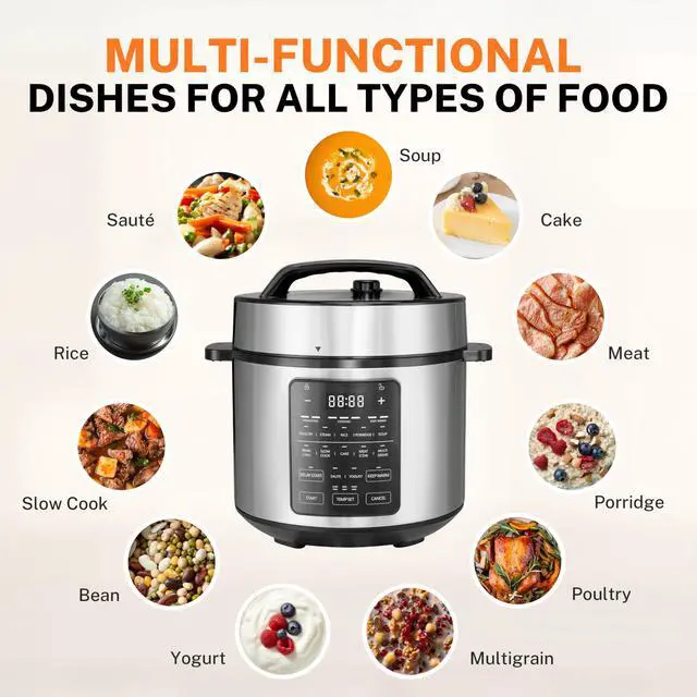 Alt view image 7 of 7 - Electric Pressure Cooker, Non-Stick 12-in-1 & 6QT Stainless Steel Multi Cooker for Slow Cook, Meat Stew, Cake, Porridge, Multigrain, Dishwasher Safe, Silver