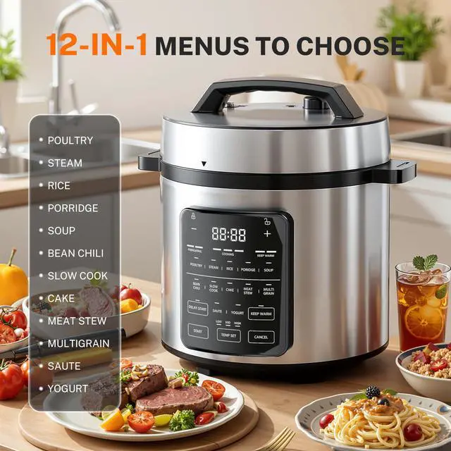 Alt view image 2 of 7 - Electric Pressure Cooker, Non-Stick 12-in-1 & 6QT Stainless Steel Multi Cooker for Slow Cook, Meat Stew, Cake, Porridge, Multigrain, Dishwasher Safe, Silver