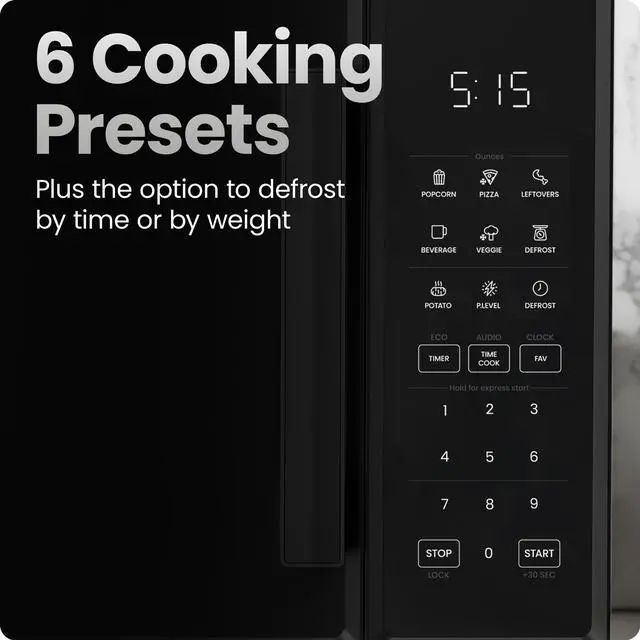 Alt view image 3 of 7 - Countertop Microwave Oven 0.9 Cu. Ft., 900 Watts with 10 Power Levels, 6 Cooking Presets with One-Touch Express Cook, Eco Mode, Child Safety Lock, & Mute Button - Black