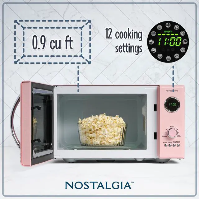 Alt view image 2 of 6 - Retro Countertop Microwave Oven - Large 800-Watt - 0.9 cu ft - 12 Pre-Programmed Cooking Settings - Digital Clock - Kitchen Appliances - Pink