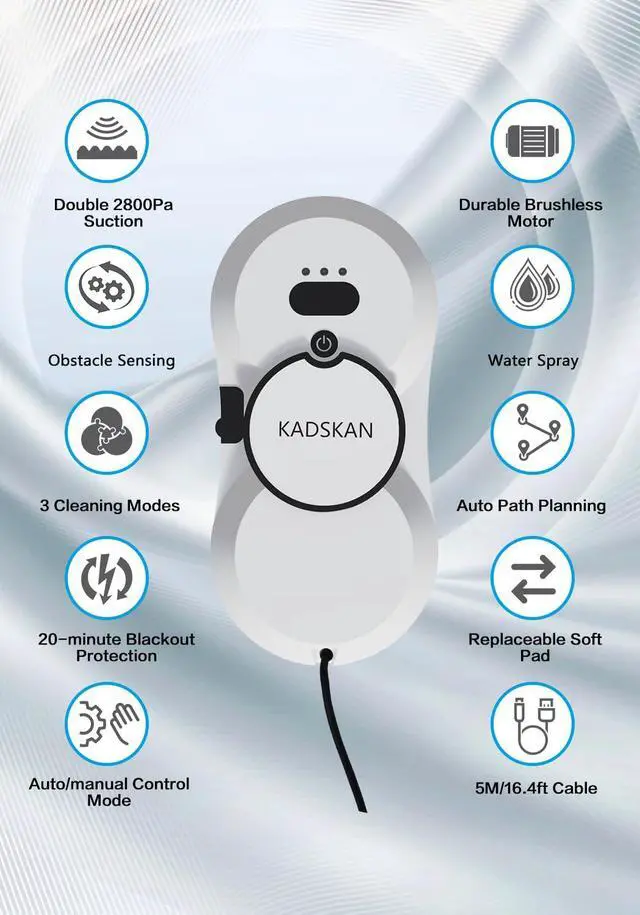 Alt view image 5 of 6 - Window Cleaning Robot, Automatic Window Cleaner with Water Spray for Windows/Tiles/Class Door, Inside/Outside, 5600Pa Suction Power, 3.0 Path Planning, Remote Control