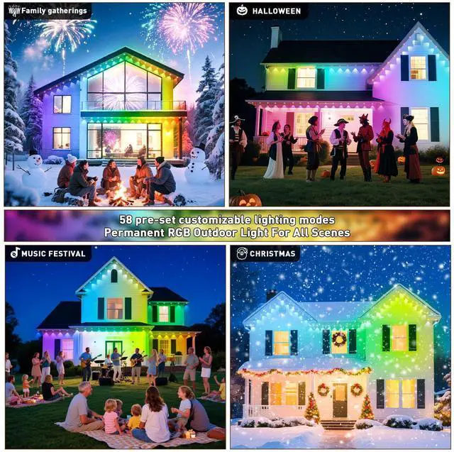 Alt view image 6 of 7 - Permanent Outdoor Lights,200FT RGB Eave Light,IP67 Waterproof Lighting for House,Smart LED with App/Remote Control for Outdoor Decor,Garden Decor,Party,Holiday